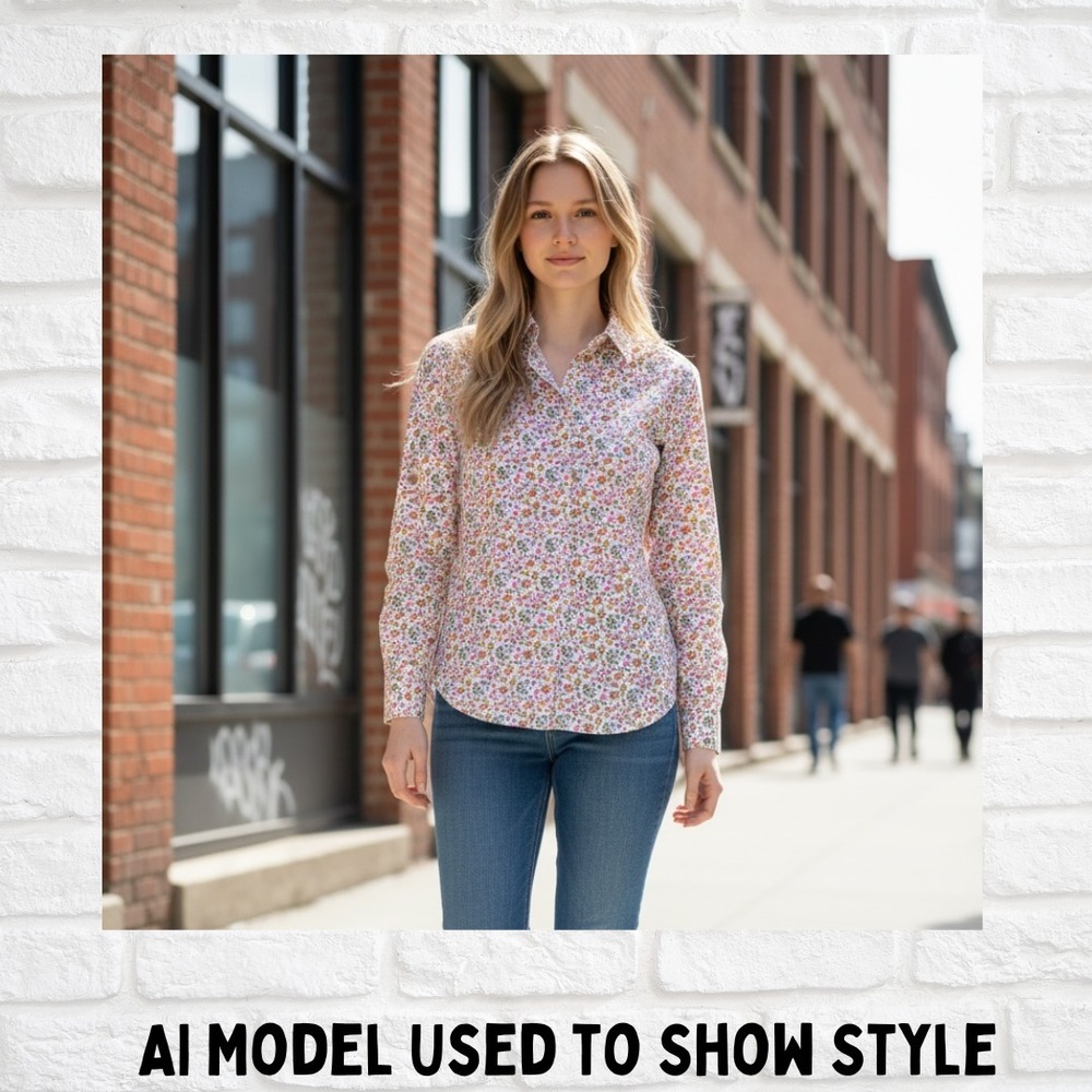 Lands' End Women's 10P Petite Non Iron Pinpoint Oxford Shirt Floral Long Sleeve - Picture 2 of 13